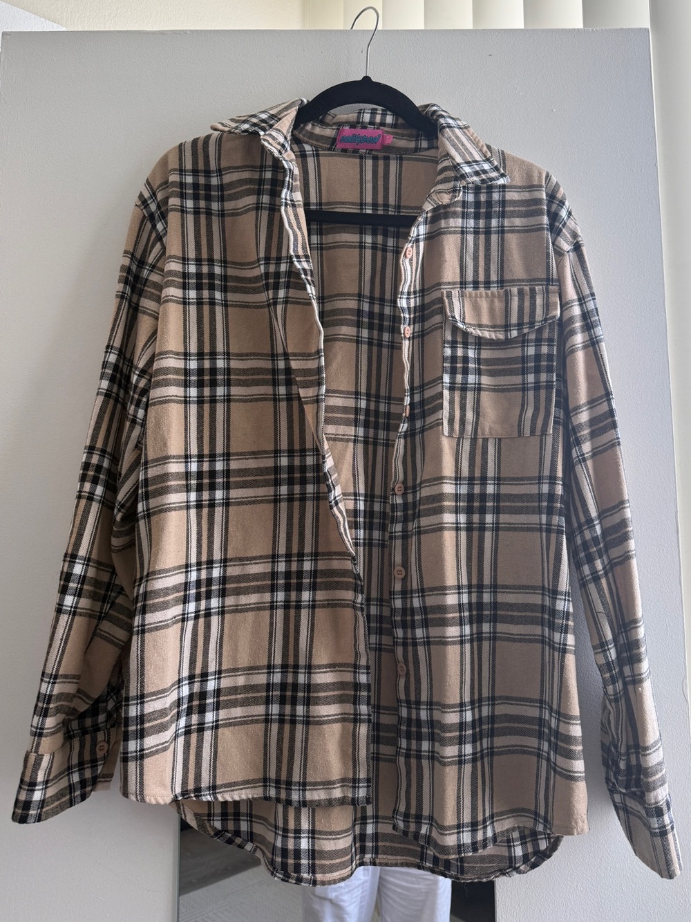 Edikted Tan and Black Plaid Button-Down Shirt